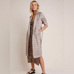 Anthropologie Plaid Belted Lightweight Summer Trench Coat Size M Neutral Motif